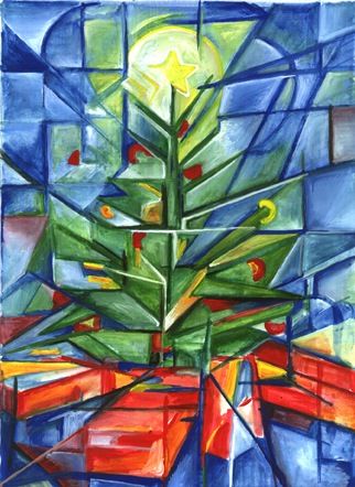 a painting of a christmas tree with bright colors