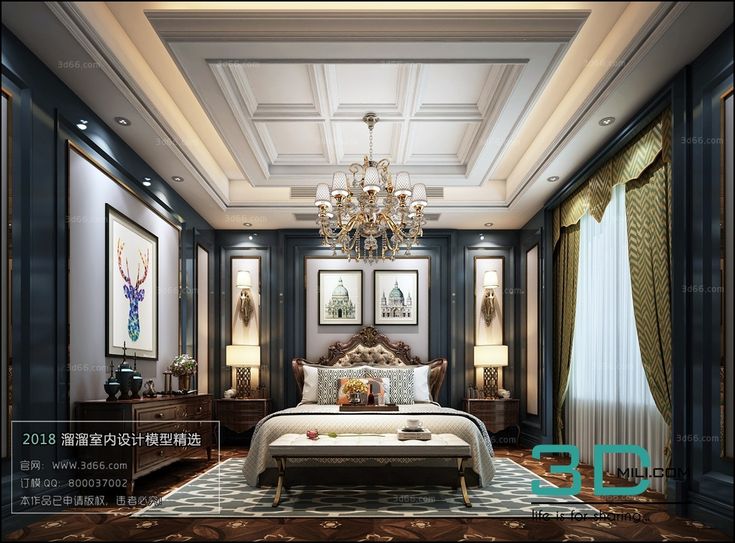 an elegant bedroom with chandelier, bed and dressers in the middle of it