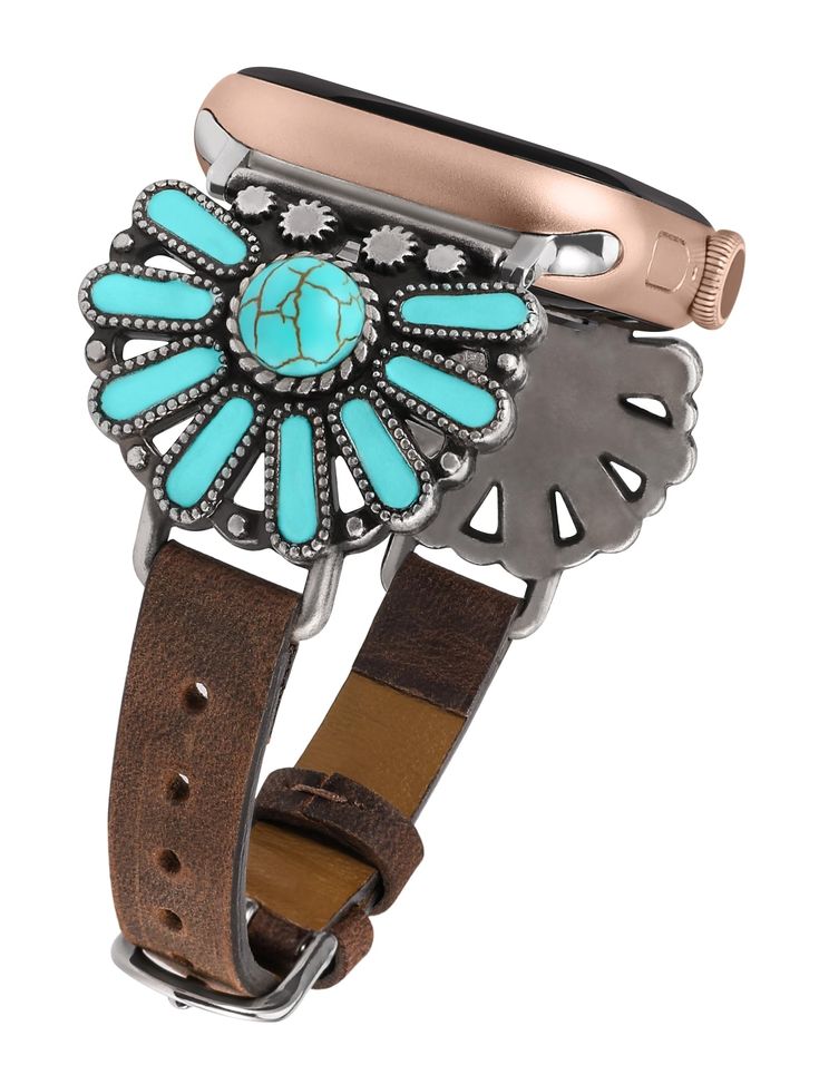 PRICES MAY VARY. 【Boho Chic & Western Design】This Western band compatible with Apple watch band offers unique look with well-crafted Western famine design. The turquoise stone and its surrounding drop design form the shape of a sunflower, symbolizing sunshine, happiness and hope. It's like a love letter to your wrist, with multiple romantic elements that will have you getting tons of compliments. 【Premium Material】Leather band compatible with Apple watch band is consisting of genuine leather, tu Western Shopping, Kid Jewelry, Apple Watch Band Women, Burned Hats, Turquoise Jewelry Western, Apple Watch Bands Women, Classy Watch, Christian Bracelets, Navajo Pearls