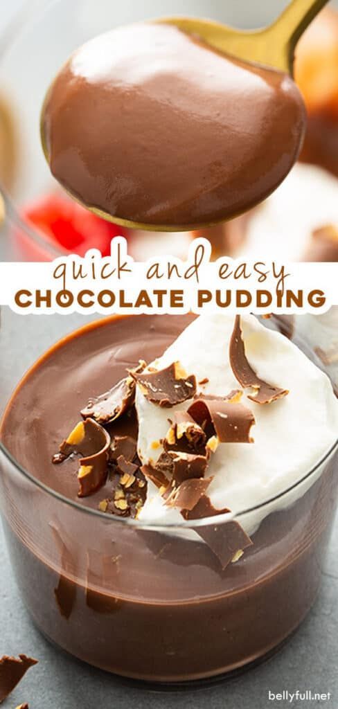 a spoon full of chocolate pudding with whipped cream on top and the words quick and easy chocolate pudding above it