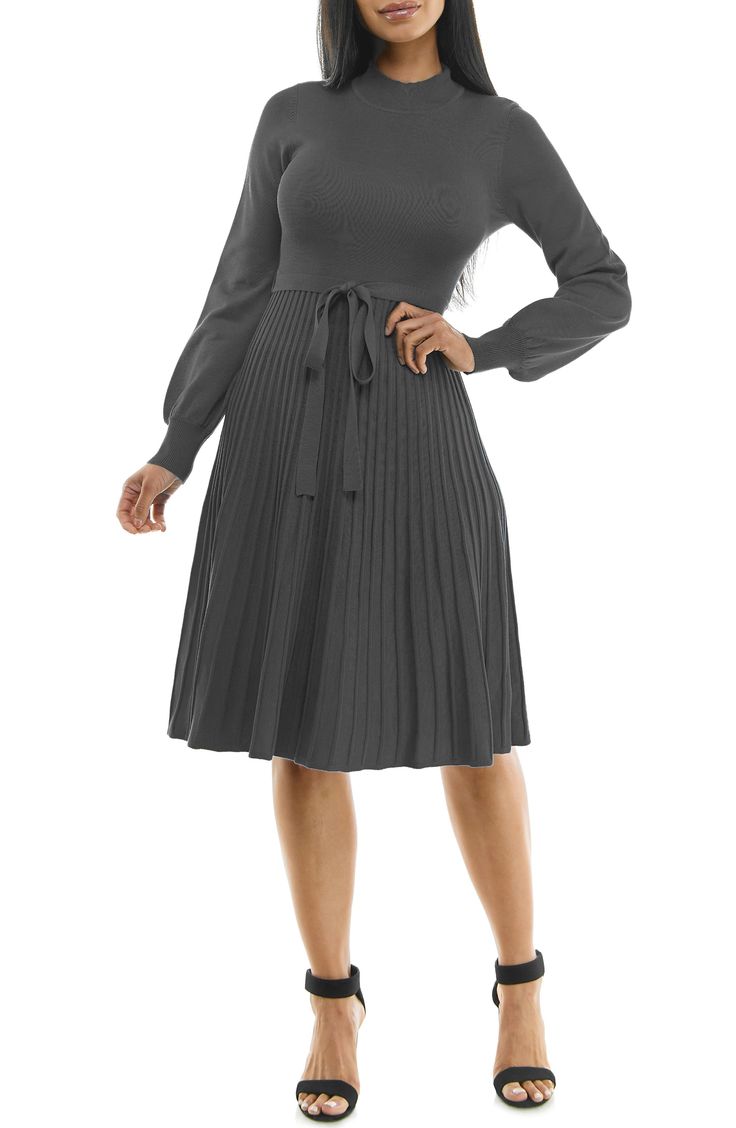 A tonal sash accentuates your figure in a long-sleeve sweater dress with a flattering fit-and-flare profile. 41 1/2" length Mock neck
 Long sleeves 78% rayon, 22% polyester Machine wash, tumble dry Imported Model stats: 5'10" height, 32" bust, 25" waist, 36" hip. Ribbed Workwear Dresses For Fall, Fall Ribbed Workwear Dresses, Winter Gray Ribbed Dress, Elegant Gray Sweater Dress For Fall, Gray Midi-length Sweater Dress For Fall, Ribbed Long Sleeve Dress For Fall, Ribbed A-line Midi Dress For Fall, Solid Color Long Sleeve Dress For Fall, Fall A-line Ribbed Dress