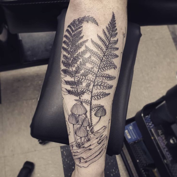 a person with a tattoo on their arm holding a plant and some water in the background