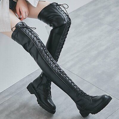 Winter Warm Women Lace Up Round Toe Thigh High Boots Over the Knee Military Punk  | eBay Fall Punk Knee-high Platform Boots, Punk Knee-high Platform Boots For Fall, Edgy Knee-high Boots For Streetwear, Edgy Over-the-knee Boots For Fall, Edgy Fitted Boots For Cosplay, Alternative Style Knee-high Platform Boots For Fall, Alternative Knee-high Platform Boots For Fall, Punk Fitted Knee-high Platform Boots, Fitted Knee-high Punk Platform Boots