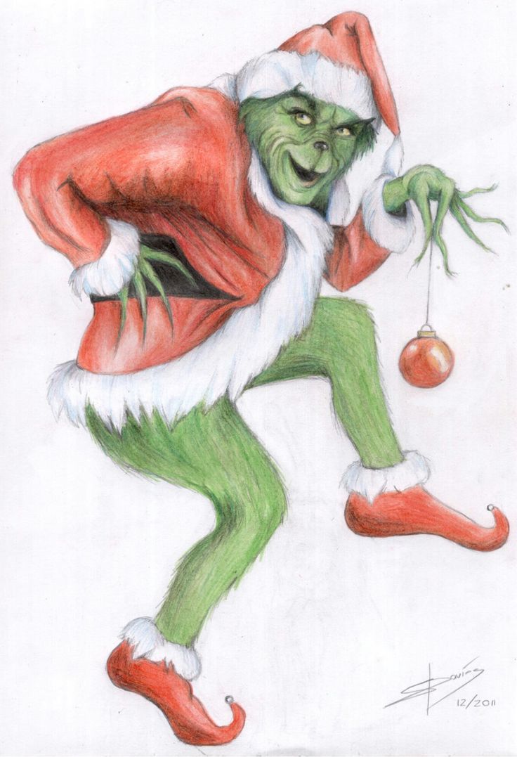 a drawing of the grinch running with an ornament in his hand