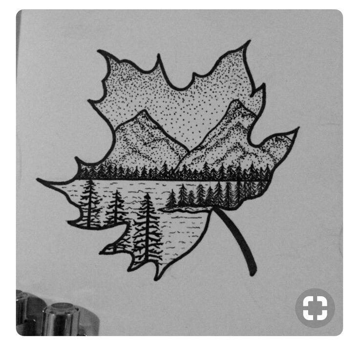 a drawing of a leaf with trees and mountains in the background, on a piece of paper