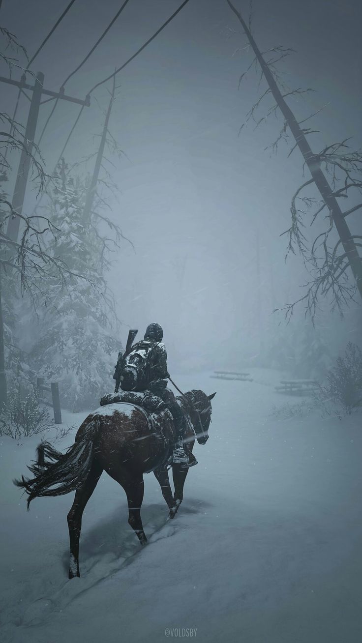 two men riding horses through the snow in front of some trees and bushes on a foggy day