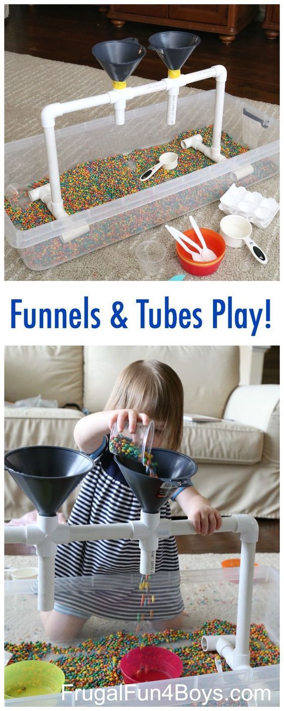 two pictures with the words funnels and tubes play in front of an image of a child