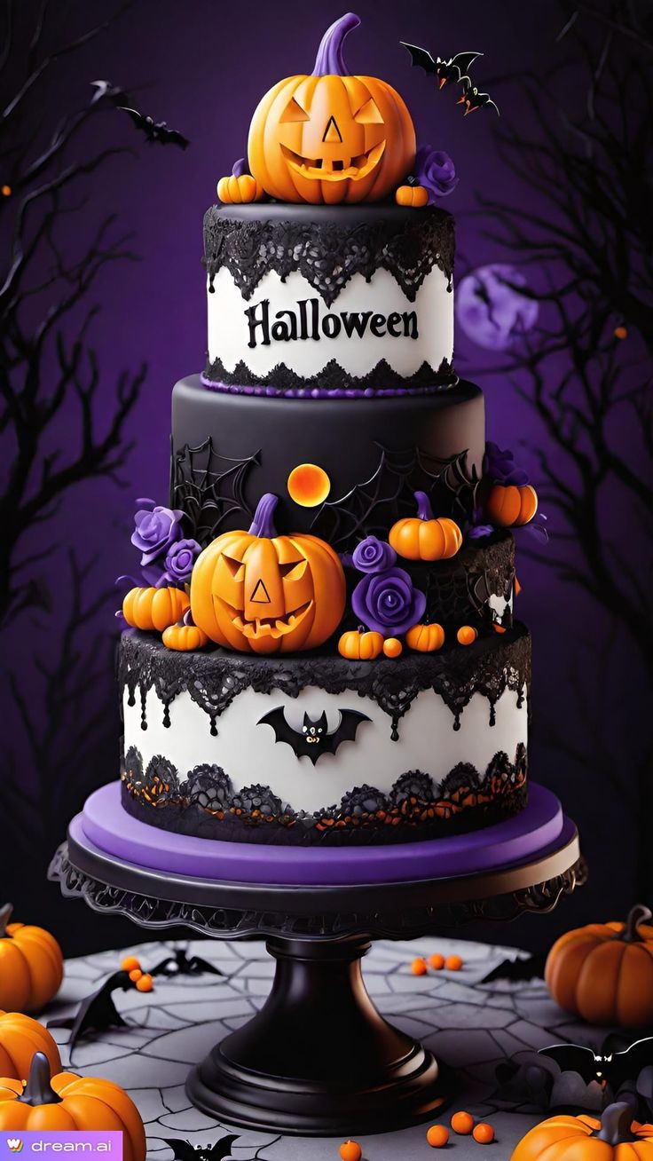 a three tiered halloween cake with pumpkins and bats on the top is decorated in black, white and purple