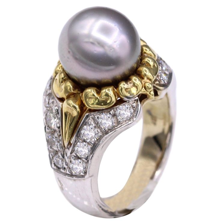 Vintage Statement Pearl Ring 18K Gold and Diamonds Hight Quality - well made Tahitian Pearl Ring 18k Two tone Yellow & White Gold approx 14 grams Tahitian Pearl size 11 mm nice good luster. Natural Brilliant Diamonds Approx 1.30 carat G-VS-SI (very nice sparkly diamonds) Finger size 6 pre-owned - very good condition -as new. Appraisal and Gift Box Included Vintage Pearl Ring, Tahitian Pearl Ring, Pearl Rings Vintage, Gold Pearl Ring, Pocket Watch Antique, Pearl And Diamond Ring, White Bracelets, Vintage Pearl, Heart Shape Pendant