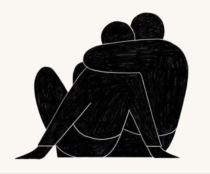 two people sitting on the ground with their backs to each other, one is hugging