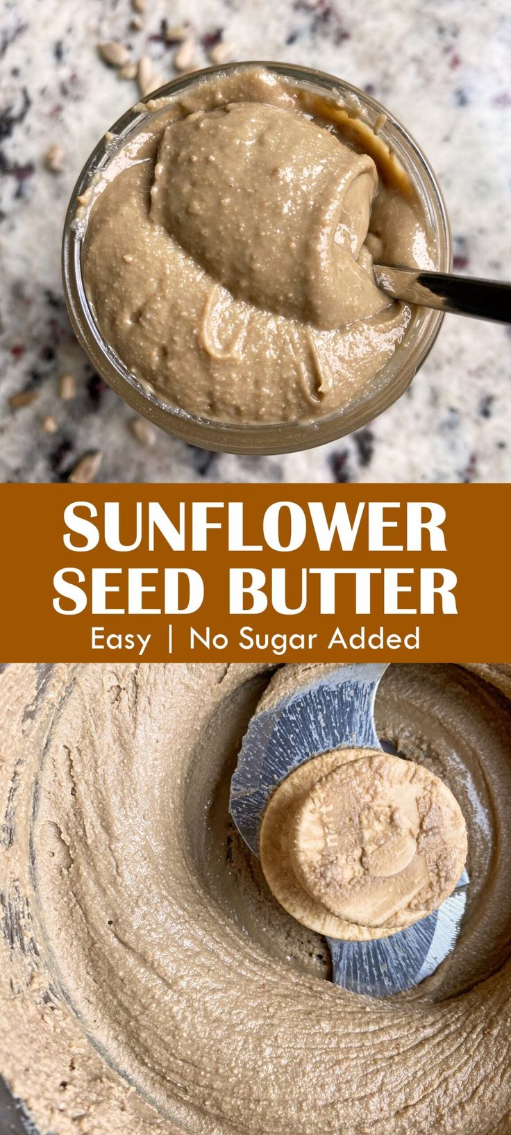 sunflower seed butter in a glass jar with a spoon on the side and an image of