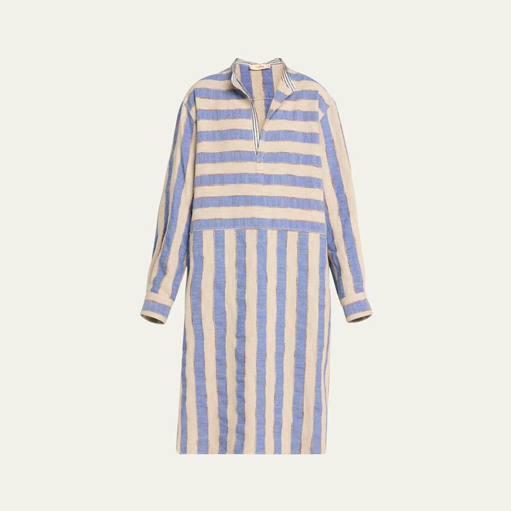 The Salting caftan coverup in a multi-striped design Collared split neckline Dropped shoulders Long sleeves; button cuffs Midi length  Shirttail hem  Slipover style  Linen Made in USA Striped Kaftan For Spring Vacation, Multicolor Long Sleeve Kaftan For Daywear, Striped Long Sleeve Kaftan For Summer, Striped Long Sleeve Kaftan For Vacation, Striped Long Sleeve Summer Kaftan, Casual Striped V-neck Kaftan, Striped Linen, Stripes Design, Midi Length