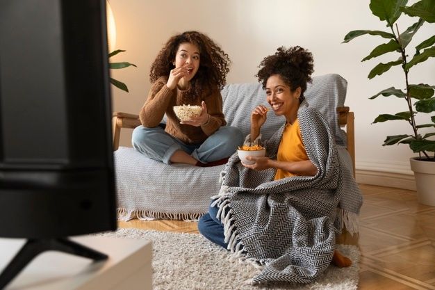 two women sitting on a couch eating popcorn and watching tv in the living room together