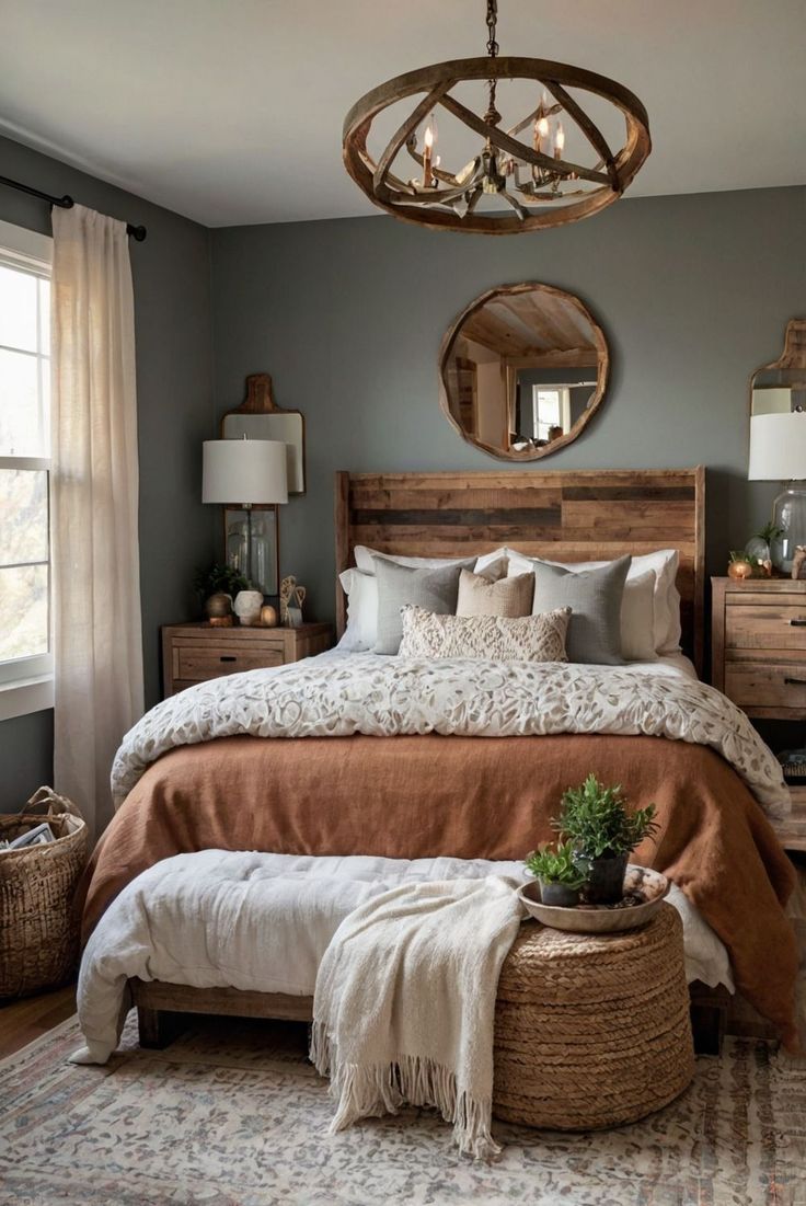 a bedroom with a large bed and wooden headboard