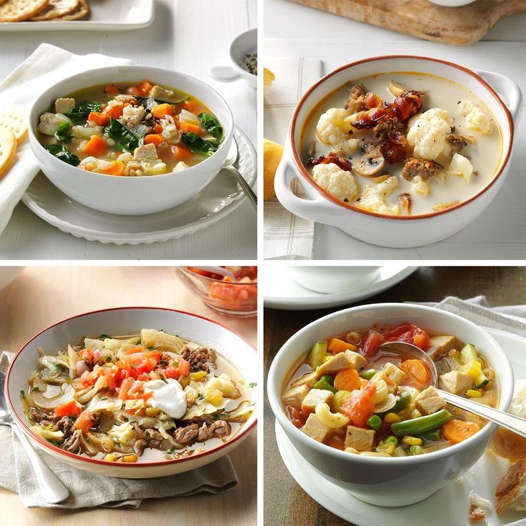 four pictures of different types of soup in bowls