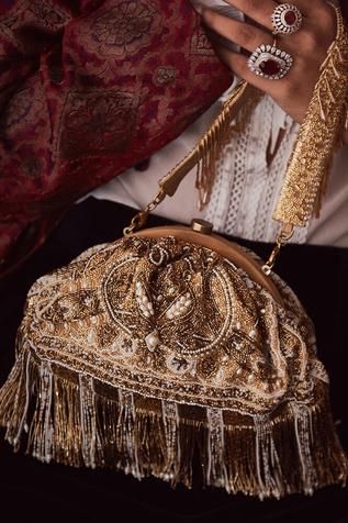 Shop for Lovetobag Pashmina Embellished Clutch Online at Aza Fashions Embellished Clutch, Gold Fringe, Shoulder Sling, Gold Clutch, Beaded Evening Bags, Gold Satin, Handcrafted Accessories, Beaded Tassels, Baroque Pearls