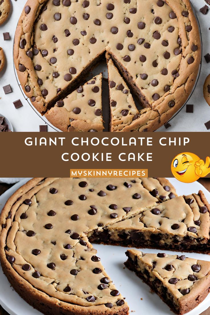 giant chocolate chip cookie cake on a plate with one slice cut out and the other half eaten