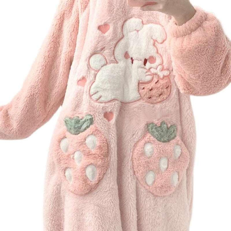 Fall in Love with Strawberry Pajamas Slip into these adorable Strawberry Pajamas and experience a kawaii dreamland! Made of soft, comfortable materials, these cute pajamas are perfect for lounging or sleeping 🥰 Remember to order 1-2 sizes up for the ultimate comfy and roomy pajama experience! Meet Binky the Bunny and Her Strawberry Friends Introducing Binky the Bunny, your new bedtime buddy! Binky playfully holds a strawberry, and two strawberries adorn each hip. This whimsical design adds a to Bunny And Strawberry, Strawberry Pajamas, Strawberry Kawaii, 3d Bunny, Pink Pjs, Kawaii Pajamas, Strawberry Design, Necklace Chain Types, Strawberry Dress