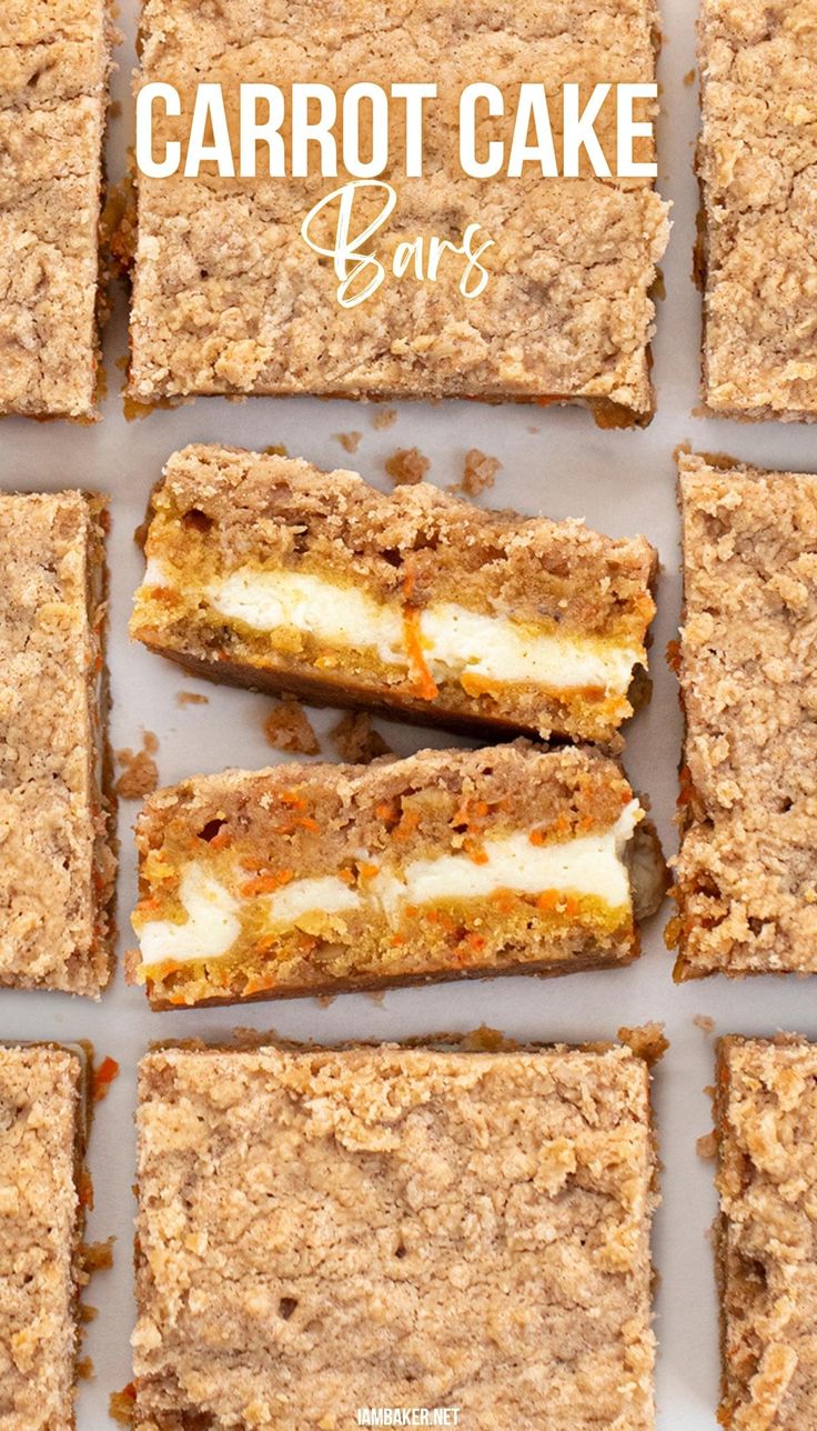 Carrot cake bars, cut into servings, with one bar flipped on its side showing the creamy center. Carrot Cake Breakfast Bars, Carrot Cake Brownies Bar, Carrot Bars Recipe, Carrot Cake Squares, Carrot Cake Bars With Cream Cheese, Desserts With Cream Cheese Frosting, Carrot Cake Desserts, Brownie Types, Carrot Cake Cookie Bars