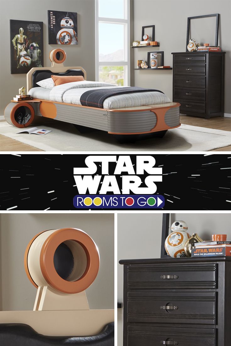 the star wars bedroom is decorated in black, orange and white colors with an assortment of accessories