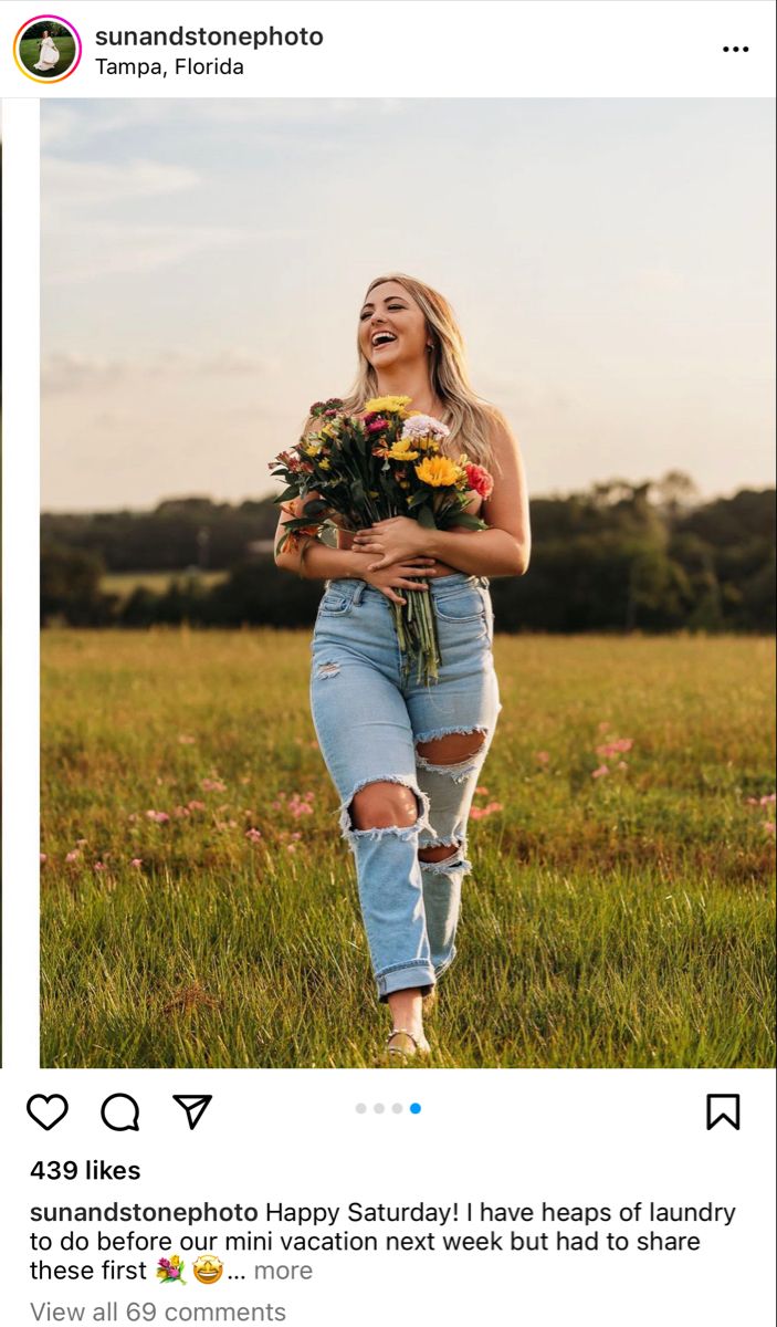 a woman walking through a field with flowers in her hand and the caption says, happy saturday