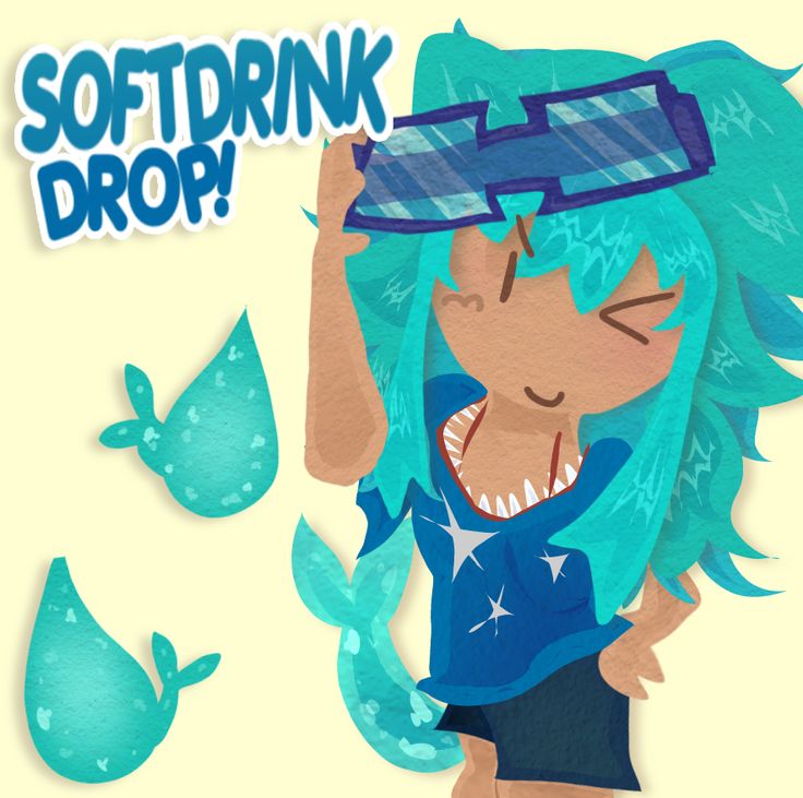 a cartoon girl with blue hair and goggles on her head is holding up an object that says softdrink drop