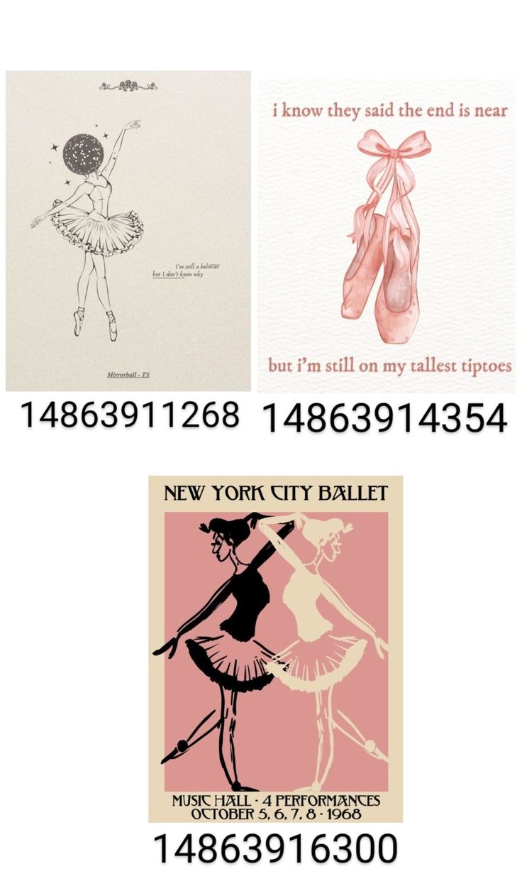 three different types of ballet posters with the names and numbers for each piece in this set