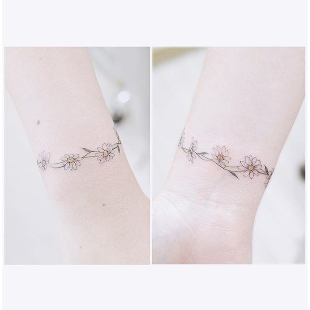 two pictures of the same person's foot with tattoos on them and one has a flower