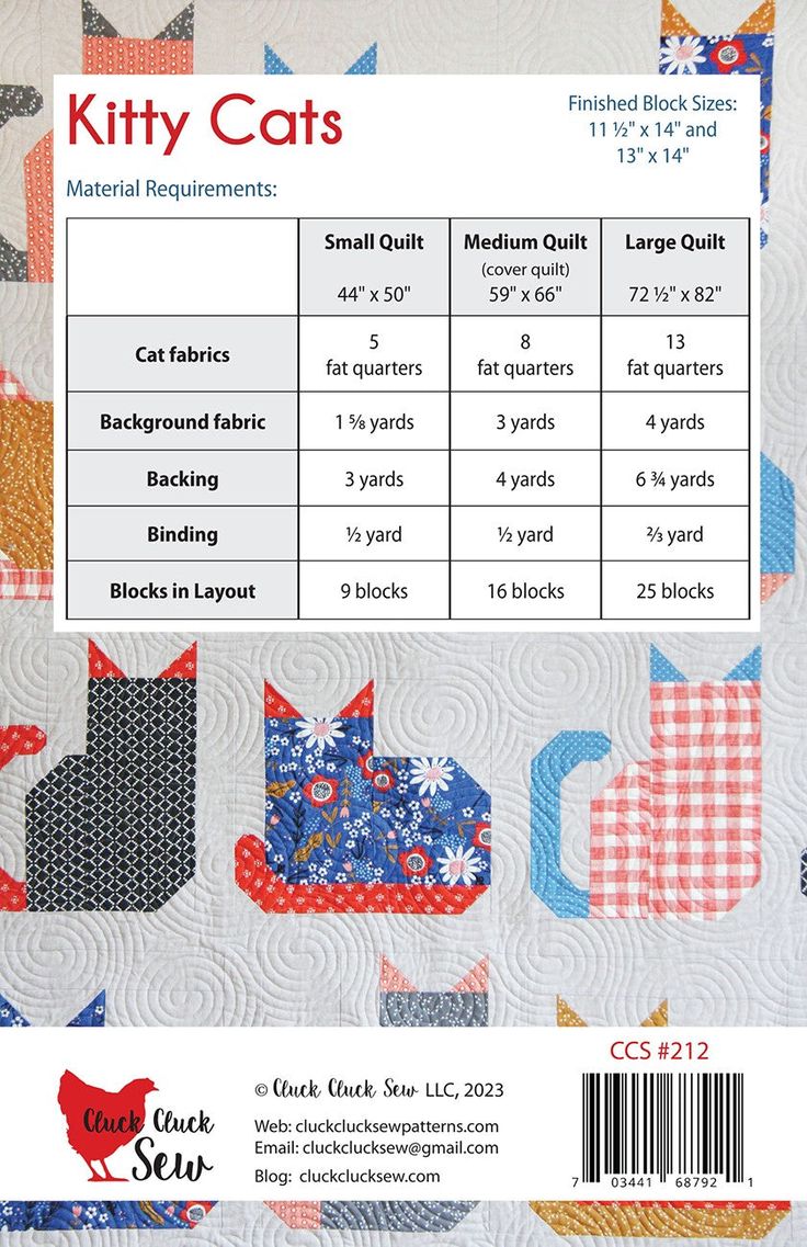 the pattern for kitty cats quilt is shown in red, white and blue with an image of