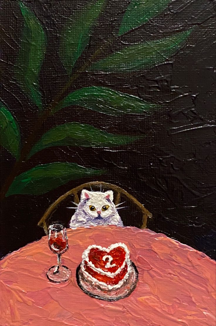 a painting of a cat sitting at a table with a heart shaped cake on it