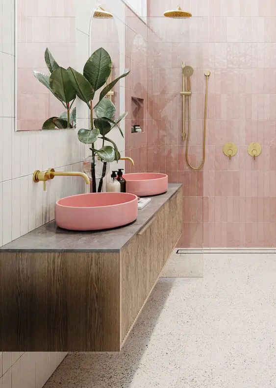 a bathroom with two pink sinks and a plant in the middle of the sink area