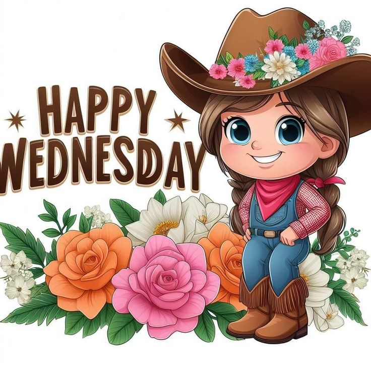 a girl in a cowboy hat with flowers on her head and the words happy wednesday