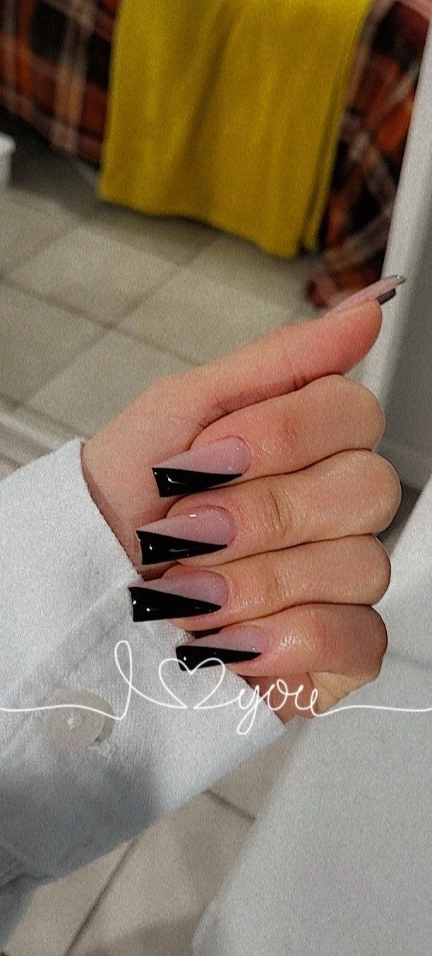 Nails, slanted French, half tip, black nail tip. Black Side French Nails, Corner French Tip Nails, Half French Nail Design, Slant French Tip Nails, Different Type Of French Tip Nails, Split Color French Tip Nails, Half Nail French Tip, Split Nail Designs, Green And Black French Tip Nails