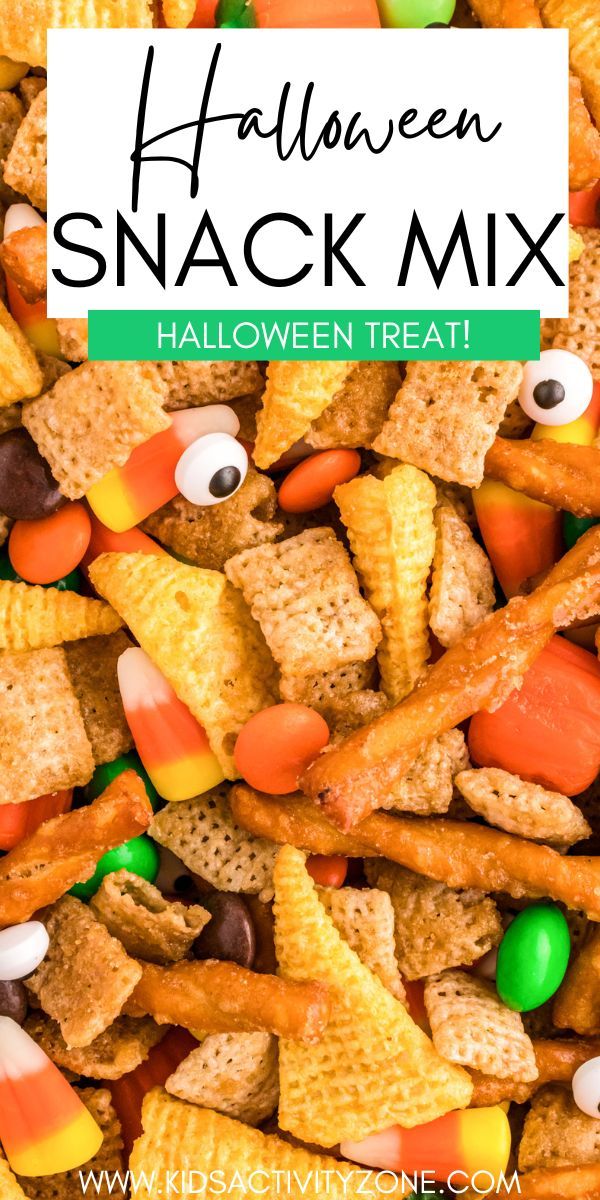 halloween snack mix with the title overlay that reads, halloween snack mix between candy corn and marshmallows