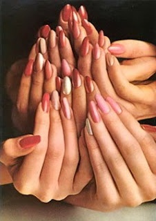 VERY pale pastel pink for Nicest Kids; frosted pink or orange/red for Council girls; bright red for Velma; NO color for Prudy, Penny, and Edna Vintage Nails Design Retro, 1960s Nails, Nail Photoshoot, Vintage Nail Polish, Nail Ads, Nail Photography, Frosted Tips, Vintage Makeup Ads, Nails Vintage