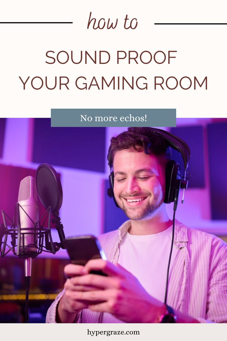 a man wearing headphones and looking at his cell phone in front of a microphone with the text how to sound proof your gaming room