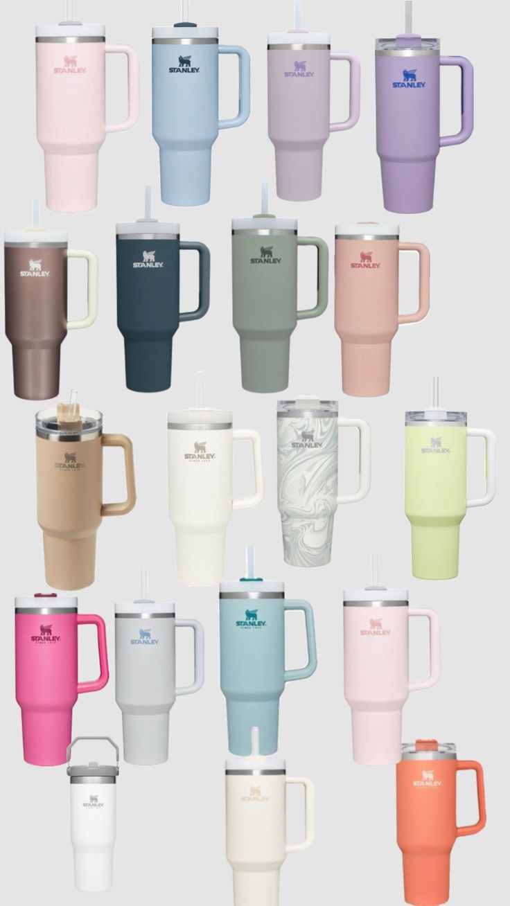 many different colored cups with lids and handles