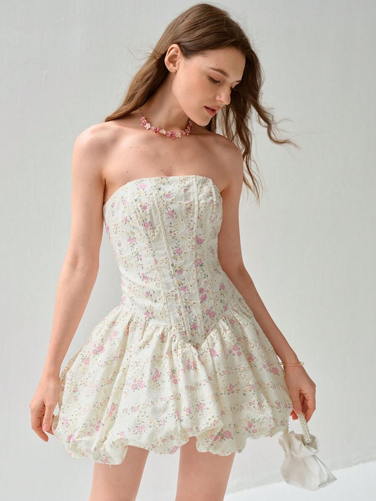 Women's Floral Print Bandeau Dress Pink Boho  Sleeveless Woven Fabric Floral,All Over Print A Line Non-Stretch  Women Clothing, size features are:Bust: ,Length: ,Sleeve Length: Pink Summer Mini Dress With Boned Bodice, Spring Sleeveless Pink Corset Dress, Pink Sleeveless Corset Dress For Spring, Summer Mini Length Corset With Boned Bodice, Pink Sleeveless Corset For Summer, Fitted Strapless Corset Dress With Floral Print, Strapless Floral Print Corset For Spring, Summer Pink Mini Length Corset, Summer Mini Length Pink Corset