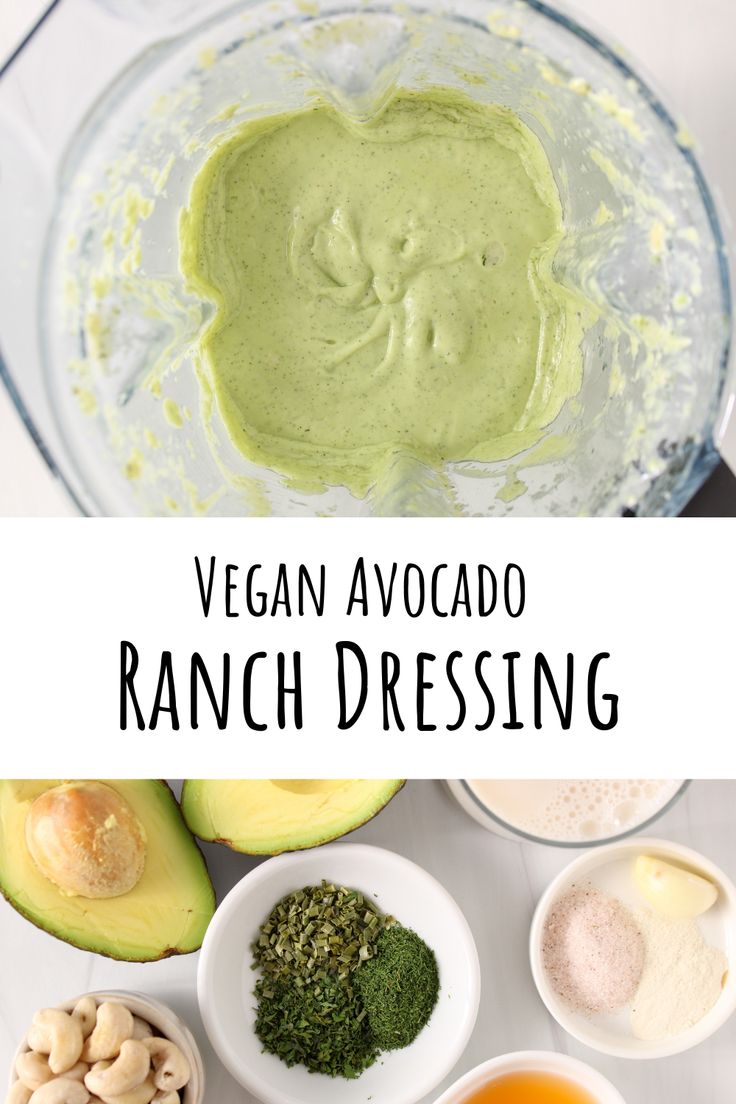 The top picture shows inside a blender containing a creamy green mixture. The bottom picture shows the ingredients needed to make a vegan avocado ranch dressing. Vegan Avocado Dressing, Keto Condiments, Avocado Ranch Dressing, Health Meals, Healthy Crisps, Fit Men Cook, Vegan Ranch Dressing, Keto Salads, Keto Sides