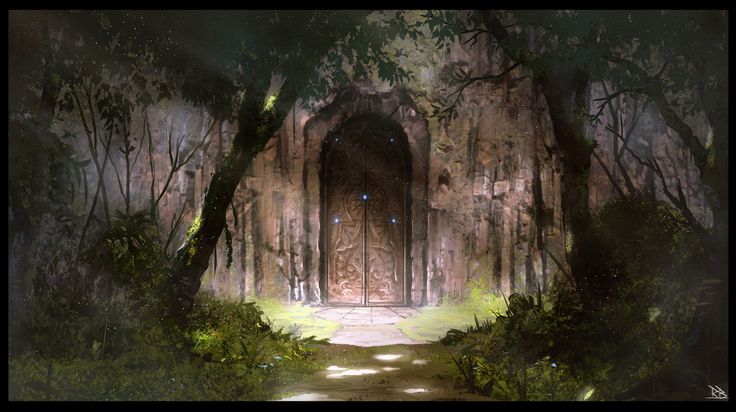 a digital painting of an entrance to a dark forest with light coming through the trees