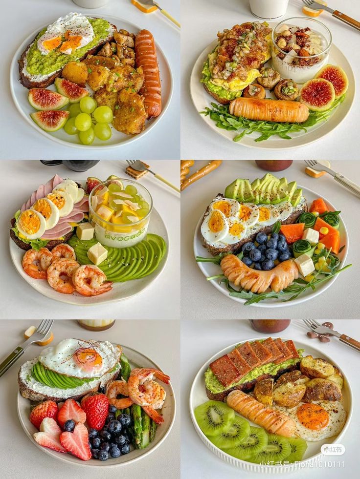 four plates with different types of food on them, including fruit, vegetables and meats