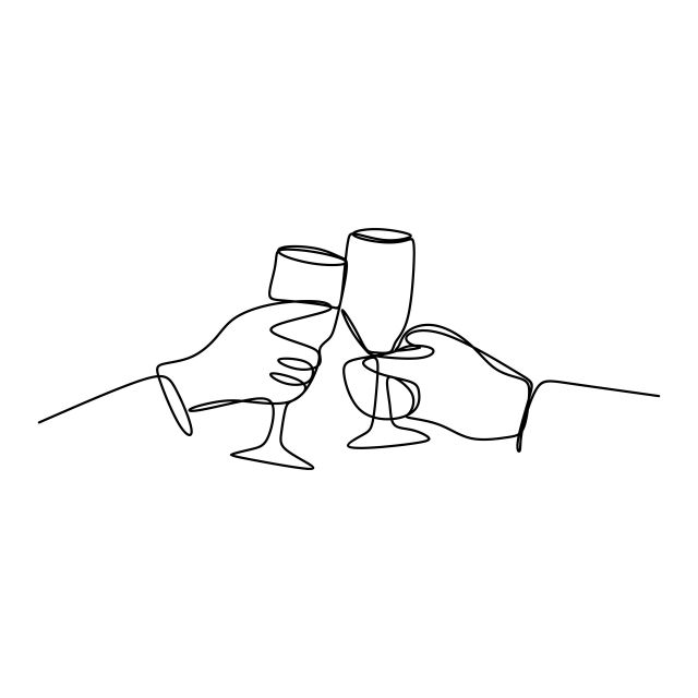 two hands toasting with wine glasses in one hand and another hand holding the other