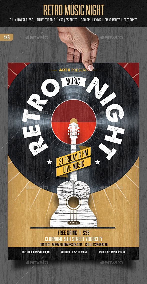 a flyer for a retro music night with an acoustic guitar on the front and back