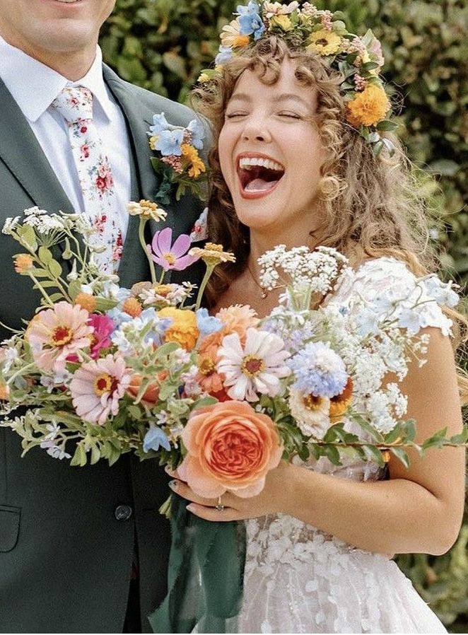 Spring Flower Crown Wedding, Flower Child Wedding Dress, Garden Wildflower Wedding, Wedding Dress Eclectic, Summer Vintage Wedding, Wildflower Wedding Crown, Wildflower Crown Wedding, Colorful Garden Wedding Aesthetic, Whimsical Garden Wedding Dress