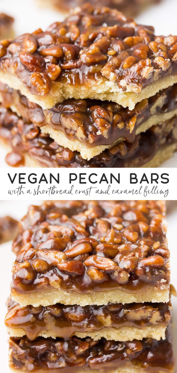 vegan pecan bars stacked on top of each other