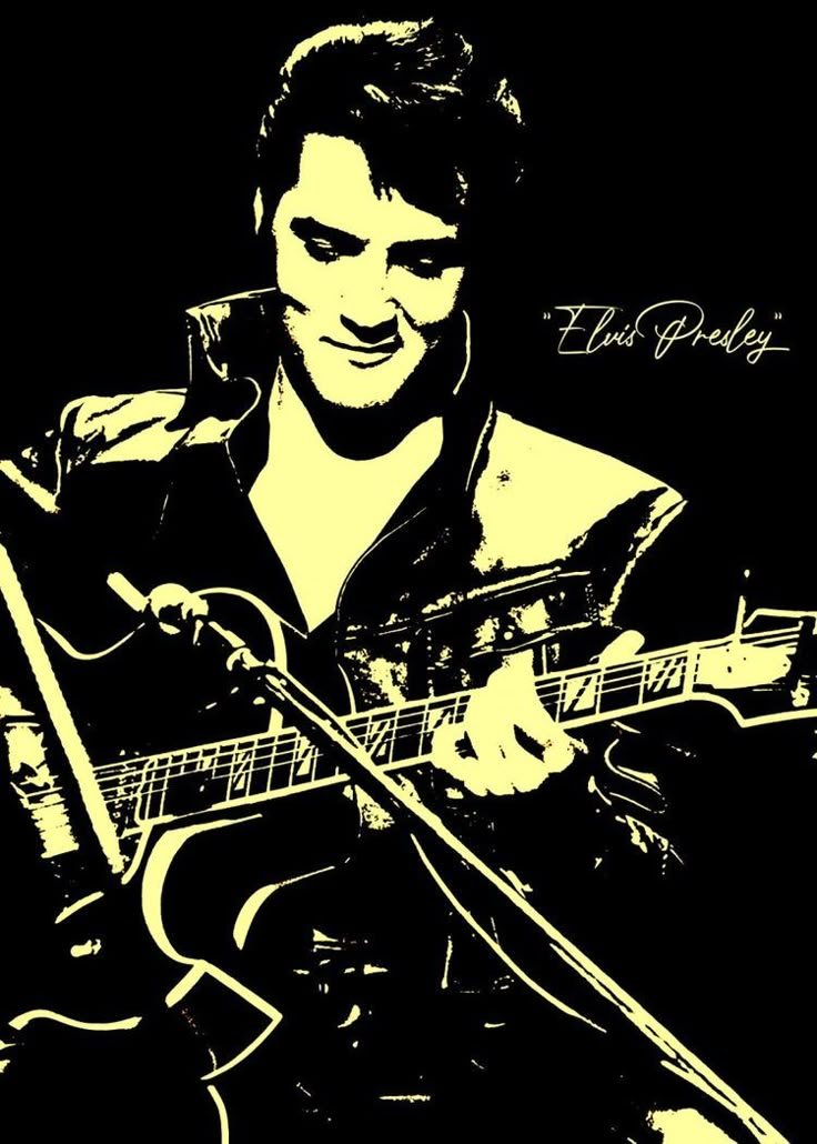 a black and white photo of a man playing an acoustic guitar with the words, elvis presley on it