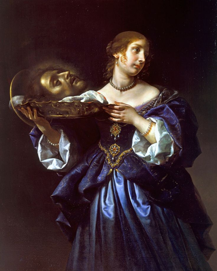 a painting of a woman holding a tray with a man's face on it