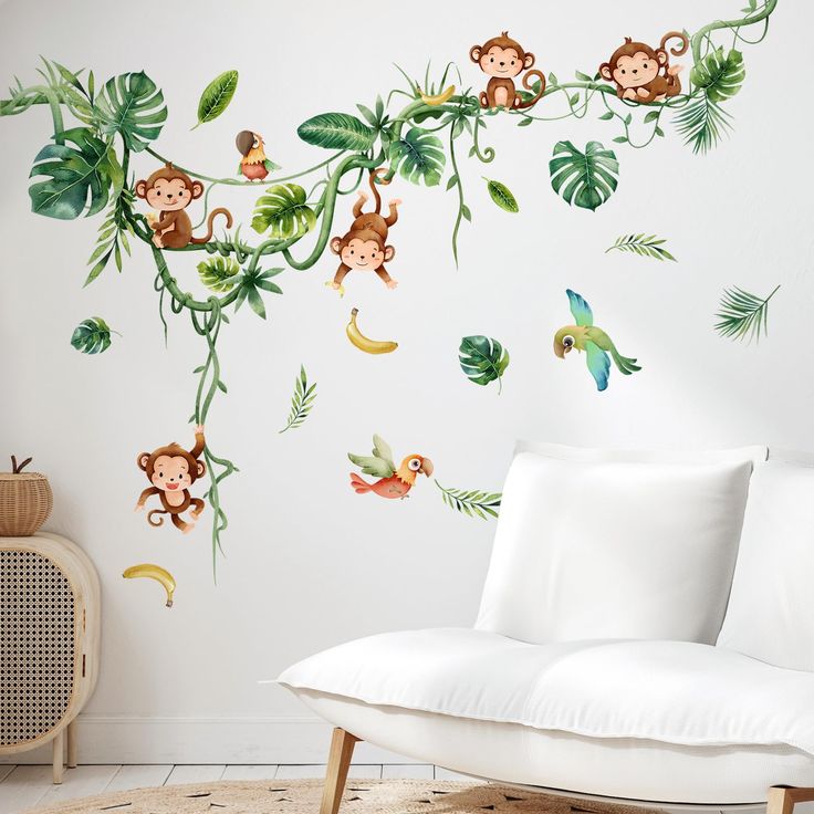 the monkeys are hanging on the tree branch wall decals