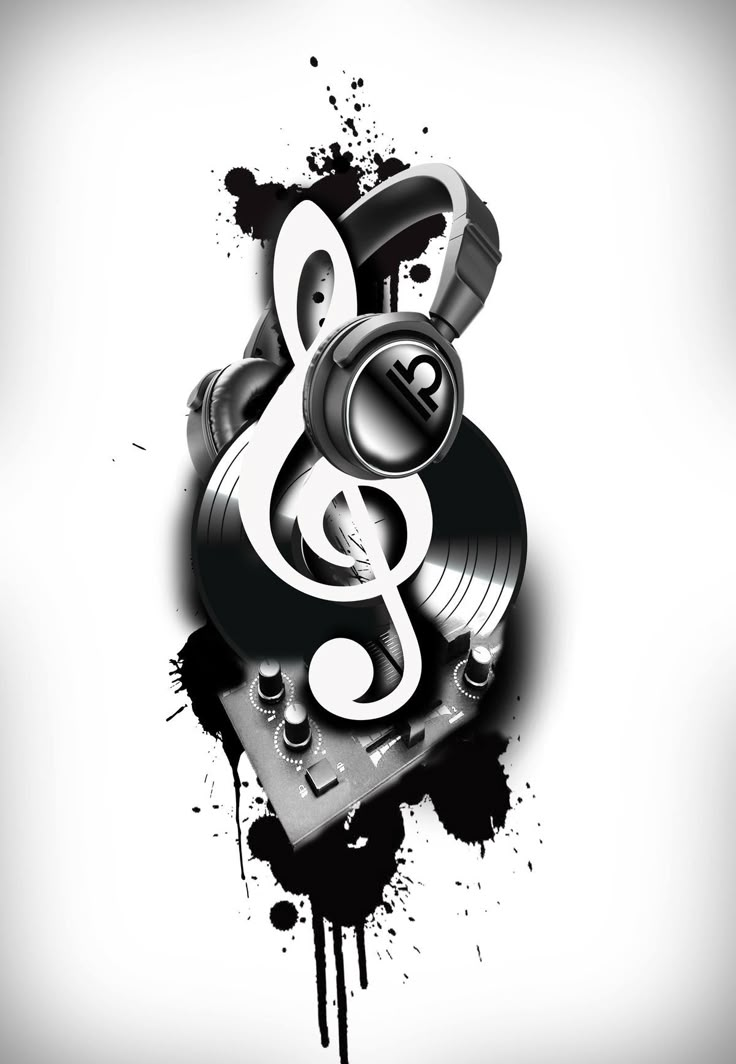 an abstract music symbol with spray paint on the side and black ink splatters