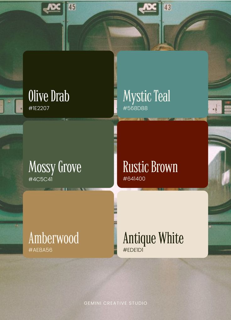 the color scheme for this laundry room is brown, teal, mossy grove, rustic brown and antique white